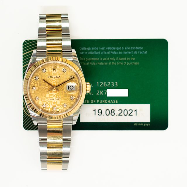 2021 Rolex Datejust 36, 126233, Steel & Gold, Champagne Jubilee Diamond Dial, Oyster Bracelet, Box & Papers