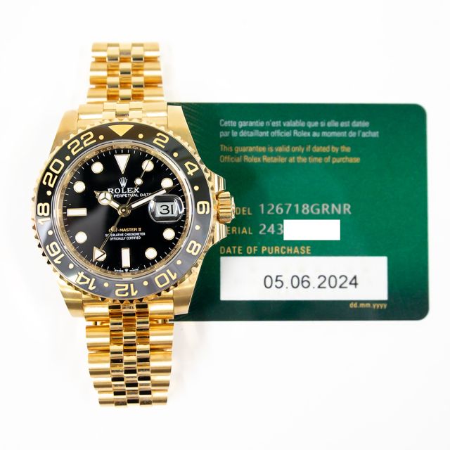 2024 Rolex GMT-Master II, 126718GRNR, 40mm, Yellow Gold, Black & Gray Bezel, Jubilee Bracelet, Box & Papers
