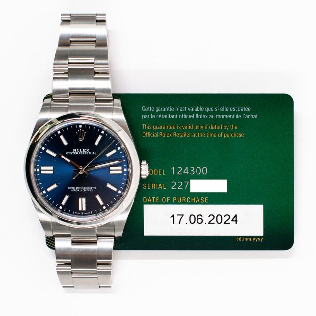 2024 Rolex Oyster Perpetual 41, 124300, Steel, Bright Blue Dial, Oyster Bracelet, Box & Papers