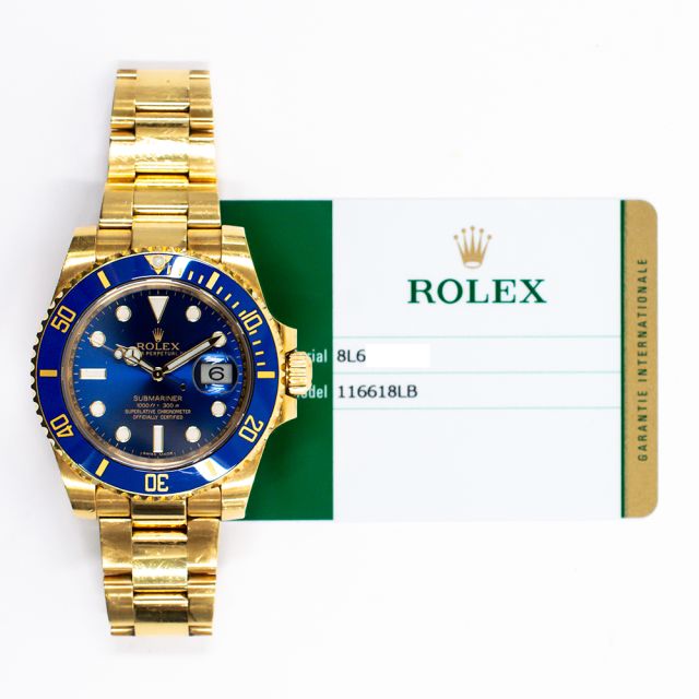 2015 Rolex Submariner Date, 116618LB, 40mm, Yellow Gold, Blue Dial, Oyster Bracelet, Box & Papers
