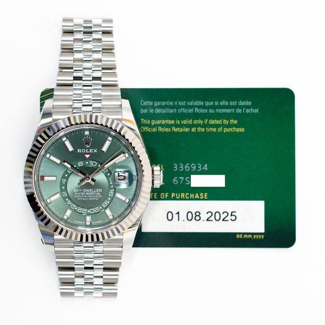 2025 Rolex Sky-Dweller, 336934, 42mm, Steel & White Gold, Mint Green, Jubilee Bracelet, Box & Papers