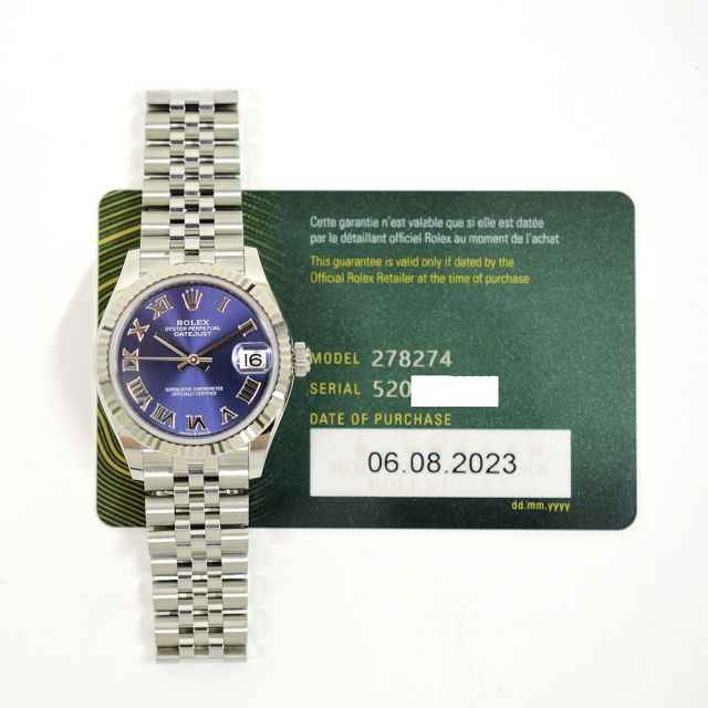 2023 Rolex Datejust 31, 278274, Steel & Gold, Blue Roman Dial, Jubilee Bracelet, Box & Papers