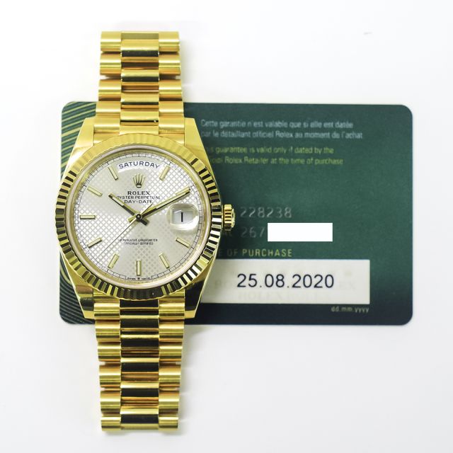 2020 Rolex Day-Date 40, 228238, Yellow Gold, Silver Diagonal Motif Dial, President Bracelet, Box & Papers