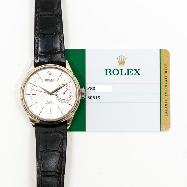 2018 Rolex Cellini Date, 50519, White Gold, Silver Guilloche Dial, Box & Papers