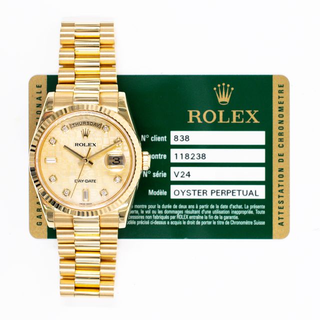 Rolex Day-Date 36, 118238, Yellow Gold, Champagne Jubilee Diamond, President Bracelet, Box & Papers 