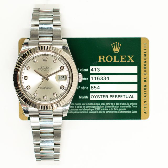 2014 Rolex Datejust II, 116334, 41mm, Steel & Gold, Silver Diamond Dial, Oyster Bracelet, Box & Papers