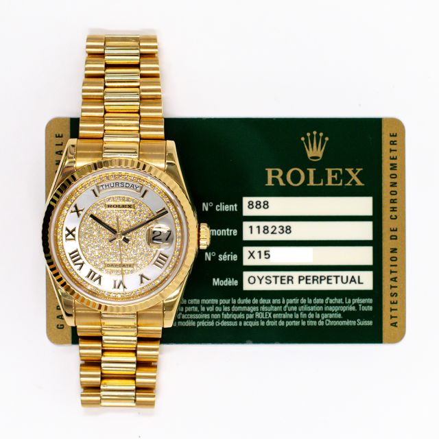2013 Rolex Day-Date 36, 118238, Yellow Gold, Pave Roman Diamond Dial, President Bracelet, Box & Papers