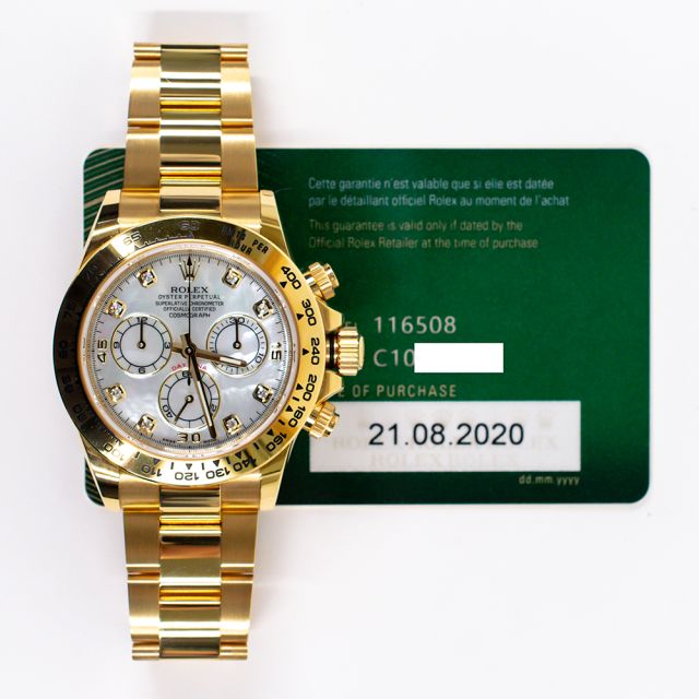 2020 Rolex Cosmograph Daytona 116508, Yellow Gold, 40mm, White Mother of Pearl Diamond, Box & Papers