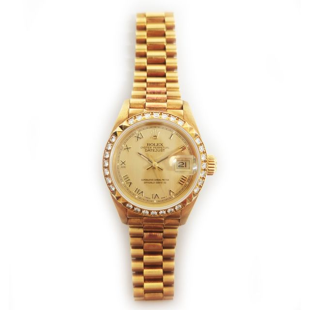 1995 Rolex Lady-Datejust 26 69268, Yellow Gold, President Bracelet, Champagne Roman Dial, Box & Papers