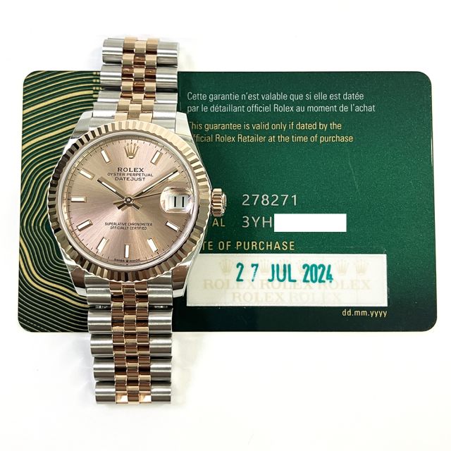 2024 Rolex Datejust 31, 278271, Steel & Gold, Rose Index, Jubilee Bracelet, Box & Papers