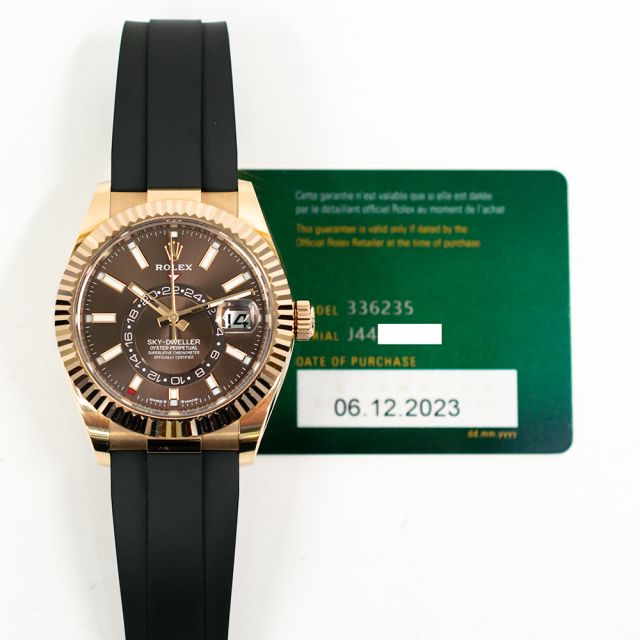 2023 Rolex Sky-Dweller, 336235, 42mm, Rose Gold, Chocolate Dial, Oysterflex Bracelet, Box & Papers