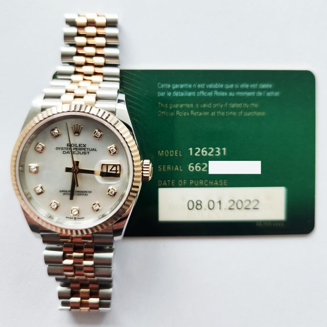 2022 Rolex Datejust 36, 126231, Steel & Gold, Mother of Pearl Diamond, Jubilee Bracelet, Box & Papers