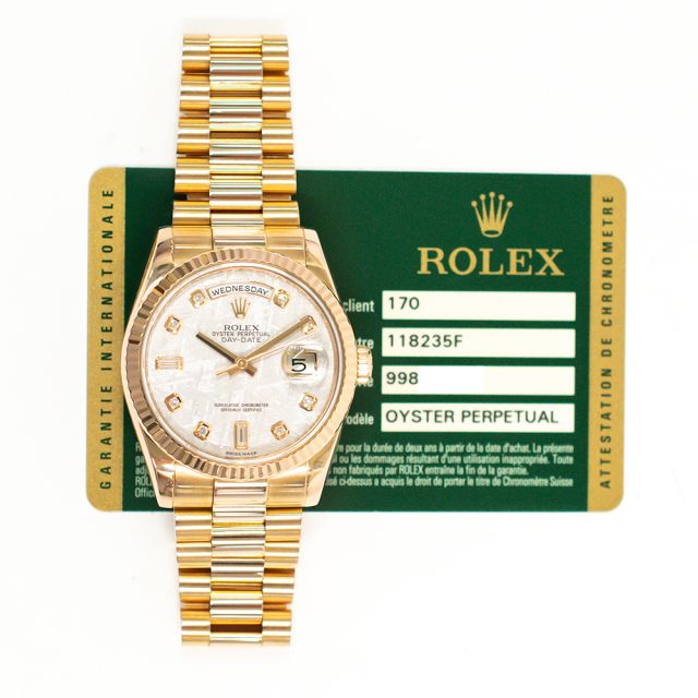2013 Rolex Day-Date 36, 118235, Rose Gold, Meteorite Diamond, President Bracelet, Box & Papers
