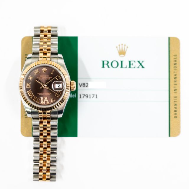 2015 Rolex Lady-Datejust 26, 179171, Steel & Gold, Chocolate Roman VI Diamond, Jubilee Bracelet, Box & Papers