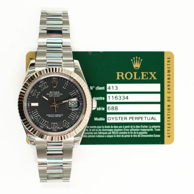 2013 Rolex Datejust II, 116334, 41mm, Steel & White Gold, Black Roman Dial, Oyster Bracelet, Box & Papers