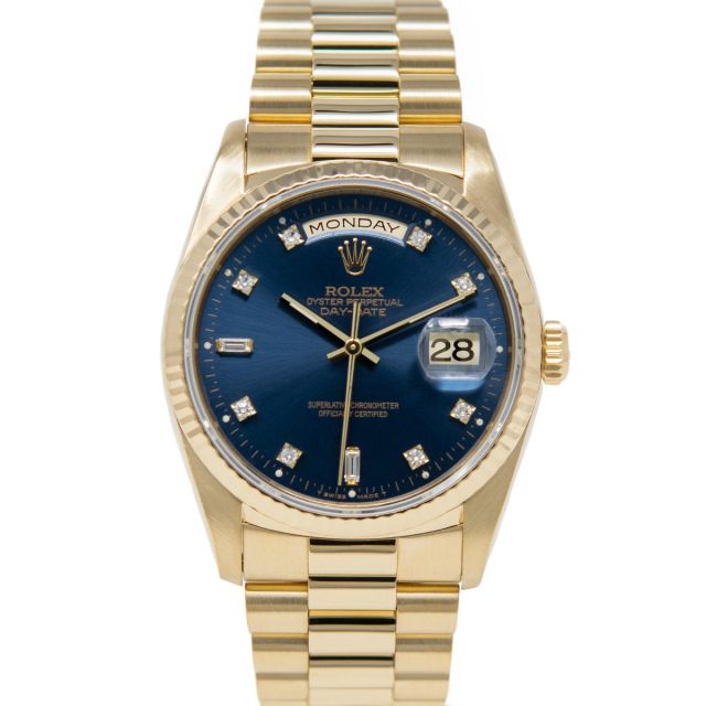 Rolex Men's Day-Date 36 18238 Wristwatch, President Bracelet, Blue Diamond Dial, Fluted Bezel
