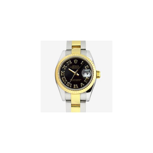 Rolex Lady Datejust Yellow Gold Steel Black Sunbeam Roman Dial 179173 Oyster Watch Chest