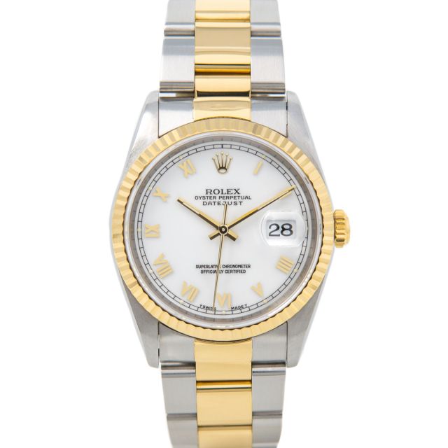Rolex Datejust 36 16233 Wristwatch, Oyster Bracelet, White Roman Dial, Fluted Bezel
