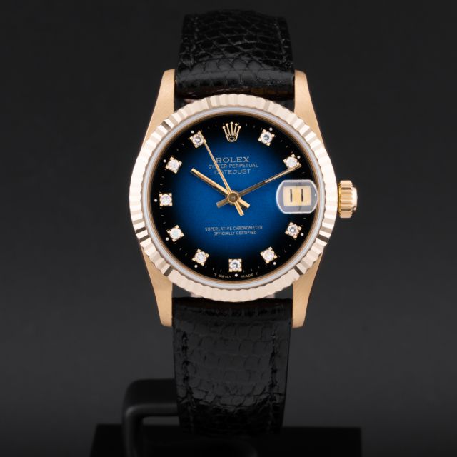 Rolex Datejust 31, 68278, Yellow Gold, Blue Vignette Diamond Dial, Leather Strap, Renewed