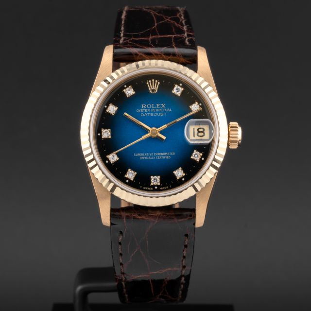 Rolex Datejust 31, 68278, Yellow Gold, Blue Vignette Diamond Dial, Leather Strap, Renewed