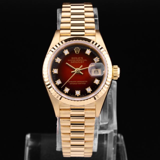 Rolex Lady-Datejust 26, 69178, Yellow Gold, Red Vignette Diamond Dial, President Bracelet, Renewed