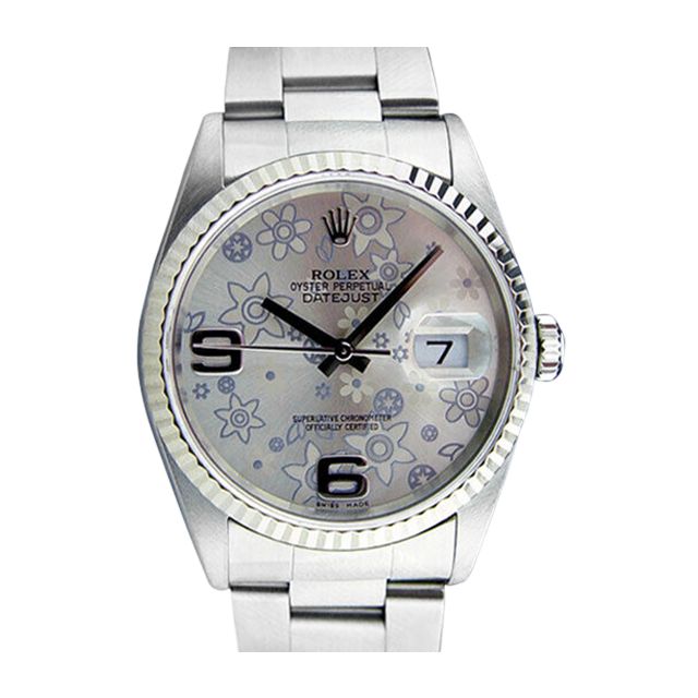 Rolex Datejust 36mm Steel Silver Floral Dial 16234 Oyster Watch Chest