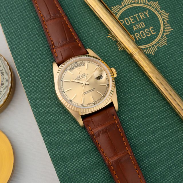Rolex Day-Date 36, 18038, Yellow Gold, Champagne Dial, Leather Strap, Renewed