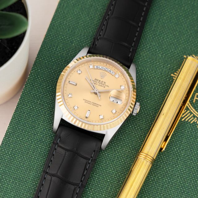 Rolex Day-Date 36 18238, Yellow Gold & Steel, Champagne Diamond Dial, Leather Strap, Renewed 