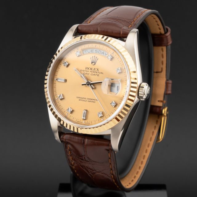 Rolex Day-Date 36 18239B, Yellow Gold, Champagne Diamond Dial, Leather Strap, Renewed 