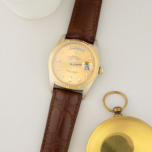 Rolex Day-Date 36 18239B, Yellow Gold, Champagne Diamond Dial, Leather Strap, Renewed 