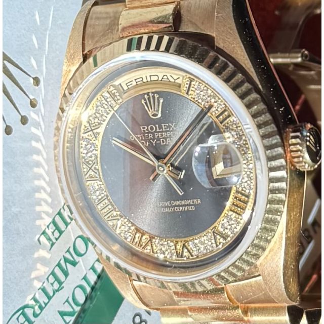 Rolex Day-Date 36,18238 Yellow Gold, Grey Myriad Roman Diamond dial, Patina 