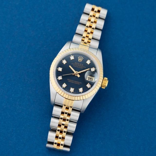 Rolex Lady-Datejust 26, 69173, Steel & Gold, Blue Diamond Dial, Jubilee Bracelet, Renewed