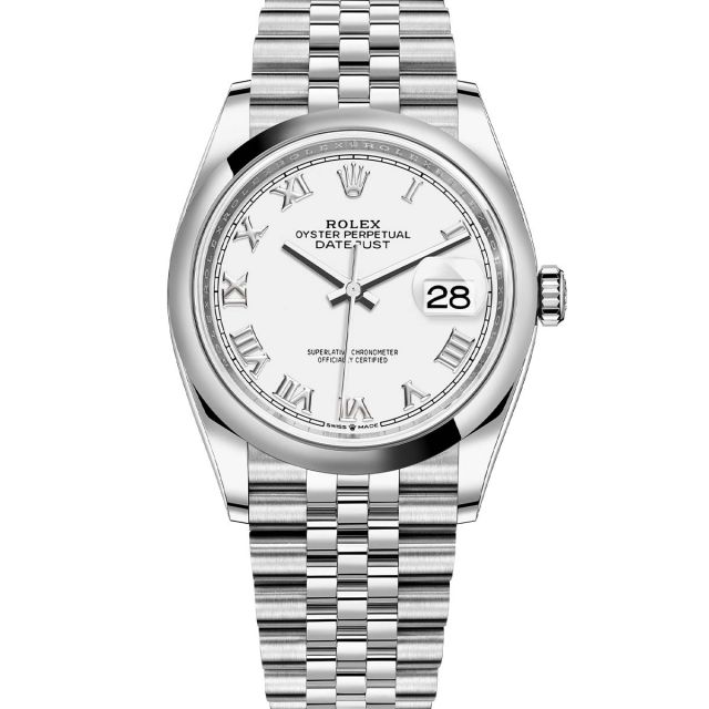 Rolex Datejust 36 126200 Wristwatch, Jubilee Bracelet, White Roman Dial, Domed Bezel