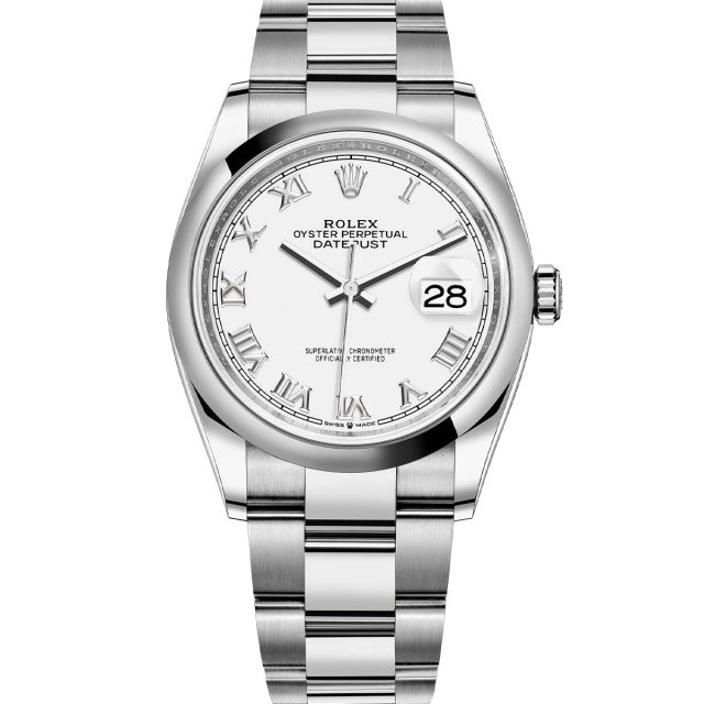 Rolex Datejust 36 126200 Wristwatch, Oyster Bracelet, White Roman Dial, Domed Bezel