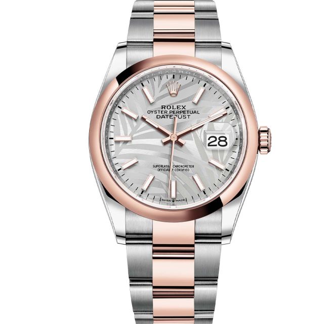 Rolex Datejust 36 126201 Wristwatch Oyster Bracelet Silver Palm Motif Dial Smooth Bezel