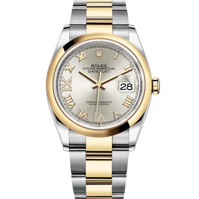 Rolex Datejust 36 126203 Wristwatch Oyster Bracelet Silver Roman VI/IX Diamond Dial Domed Bezel