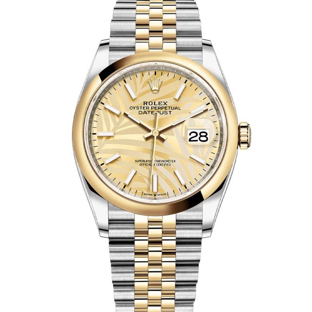 Rolex Datejust 36 126203 Wristwatch Jubilee Bracelet Golden Palm Motif Dial Domed Bezel