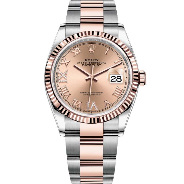 Rolex Datejust 36 126231 Wristwatch Oyster Bracelet Rose Roman VI/IX Diamond Dial Fluted Bezel