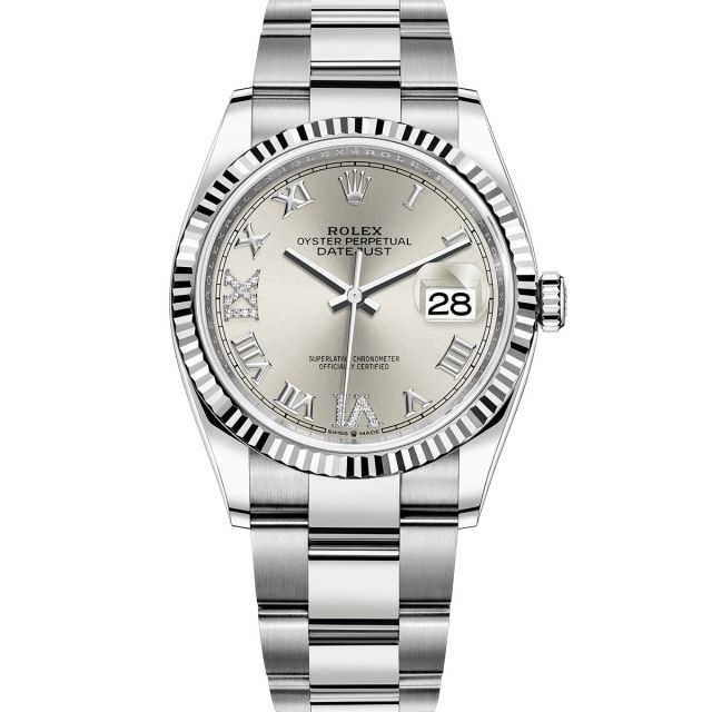 Rolex Datejust 36 126234 Wristwatch, Oyster Bracelet, Silver Roman VI/IX Diamond Dial, Fluted Bezel