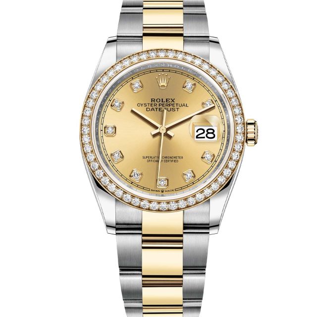 Rolex Datejust 36 126283RBR Wristwatch Oyster Bracelet Champagne Diamond Dial Diamond Bezel