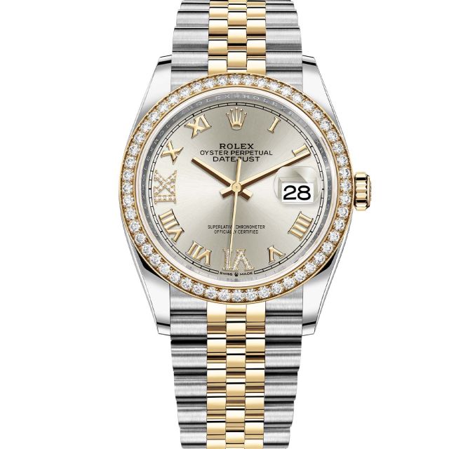 Rolex Datejust 36 126283RBR Wristwatch Jubilee Bracelet Silver Roman VI/IX Diamond Dial Diamond Bezel