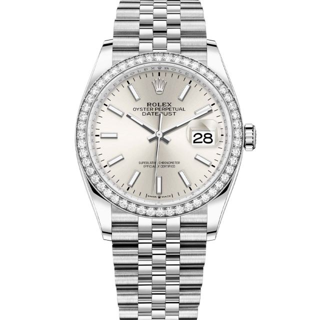 Rolex Datejust 36 126284RBR Wristwatch Jubilee Bracelet Silver Dial Diamond Bezel