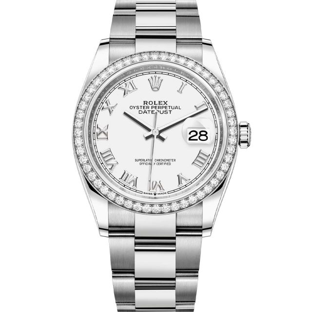 Rolex Datejust 36 126284RBR Wristwatch Oyster Bracelet White Roman Dial Diamond Bezel