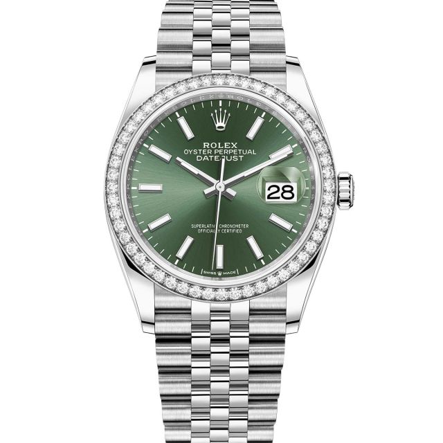 Rolex Datejust 36 126284RBR Wristwatch Jubilee Bracelet Mint Green Dial Diamond Bezel