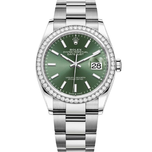 Rolex Datejust 36 126284RBR Wristwatch Oyster Bracelet Mint Green Dial Diamond Bezel