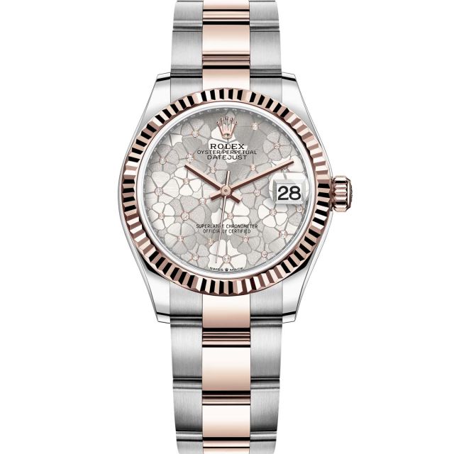 Rolex Datejust 31, Silver Floral Motif with Diamonds Dial, Oyster Bracelet, Fluted Bezel