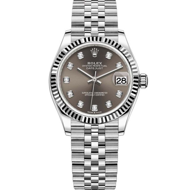 New Rolex Datejust 31, Dark Grey Diamond Dial, Fluted Bezel, Jubilee Bracelet