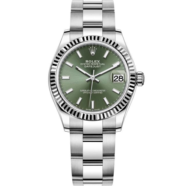 New Rolex Datejust 31, Mint Green Index Dial, Oyster Bracelet, Fluted Bezel
