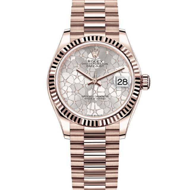 Rolex Datejust 31 278275 Wristwatch, President Bracelet, Silver Floral Motif with Diamonds Dial, Fluted Bezel