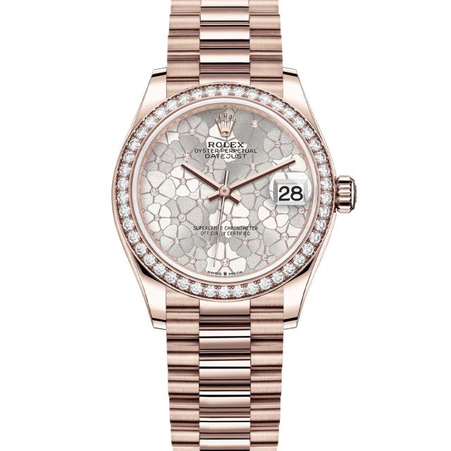 Rolex Datejust 31 278285RBR Wristwatch, President Bracelet, Silver Floral Motif with Diamonds Dial, Diamond Bezel